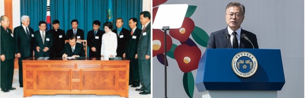 지난 2000년 1월11일 4.3특별법서명하는 김대중대통령과 2018년 제주4.3사태 70주년을 맞아 추념사를 하는 문재인 대통령[사진=통일부블로그]