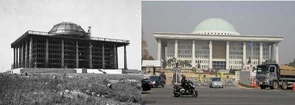 1974년 국회의사당 완공 전 모습(왼쪽). 국회의사당 부지에는 본래 조선시대 양과 말을 치던 해발 32m의 양말산이 있었다.[사진= 국회 헌정기념관]