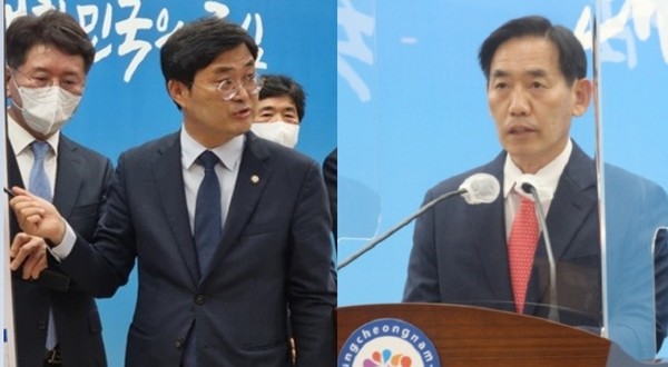 양승조 후보  이정문수석 대변인(왼쪽)과 김태흠 후보 정용선 수석대변인[사진=각 수석대변인 페이스북 켑처]