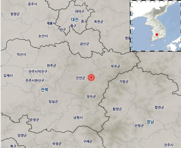 29일 오후 7시 7분 지진이 발생한 전북 장수군 북쪽 17㎞ 지점[사진= 기상청 제공].png