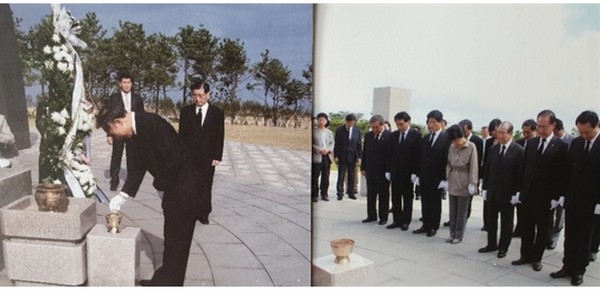 (왼쪽) 2007년 3월 2일, 이명박 대통령 후보가 4·3평화공원을 방문 헌화하는 모습. (오른쪽) 2012년 8월 1일, 박근혜 대통령 후보가 4·3평화공원을 방문해 단체로 헌화한 후 묵념하는 모습. [사진=오마이뉴스켑처]